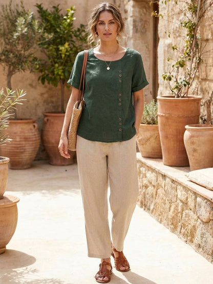 Rosalie | Women Linen Round Neck Blouse with Button Detail