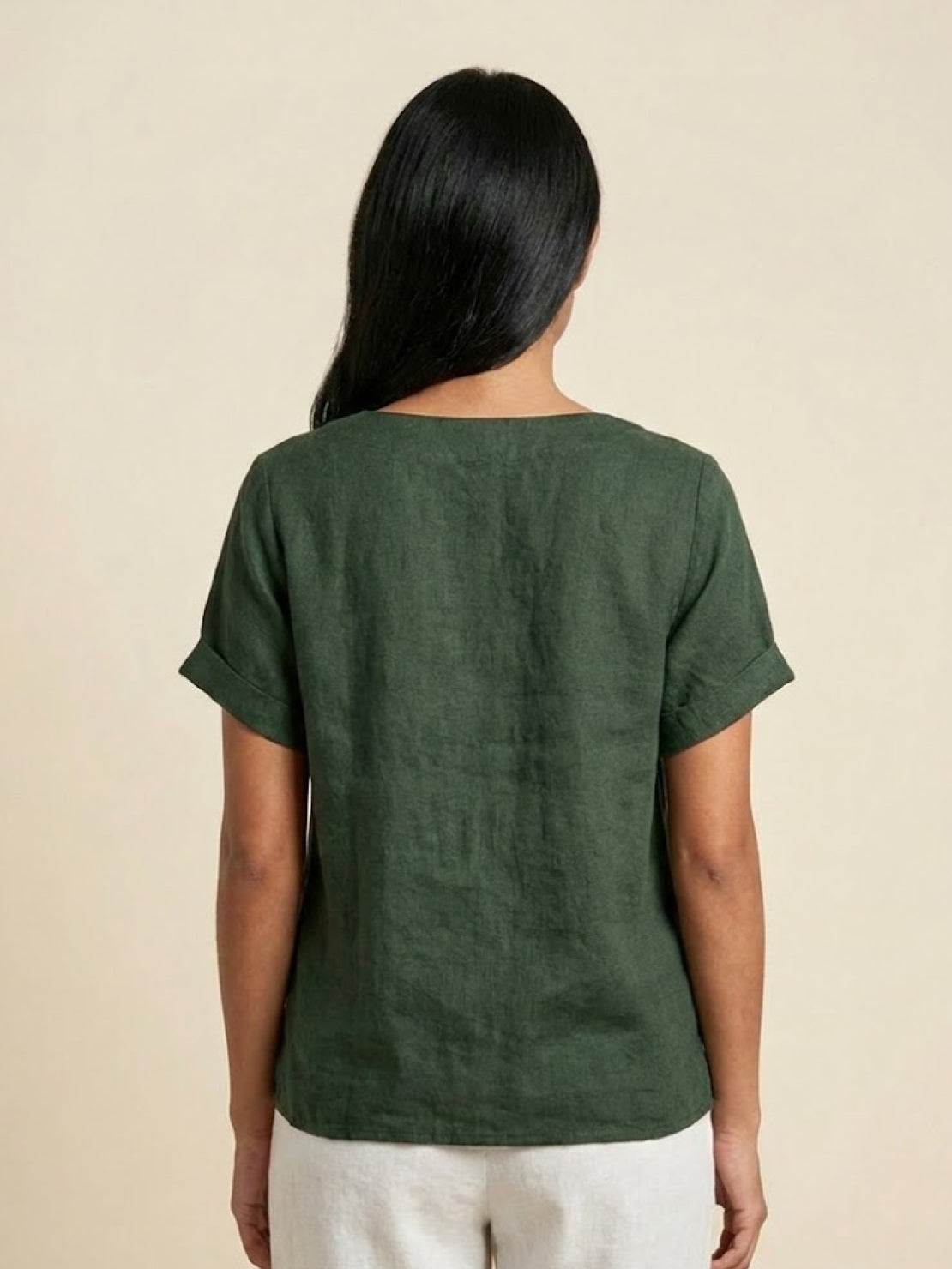 Rosalie | Women Linen Round Neck Blouse with Button Detail