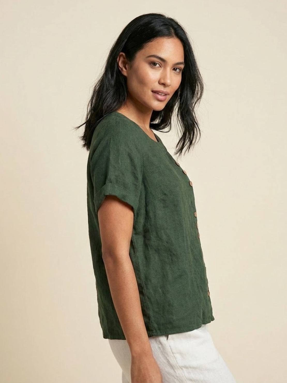 Rosalie | Women Linen Round Neck Blouse with Button Detail