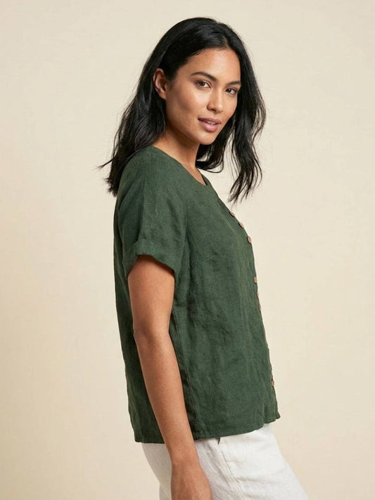 Rosalie | Women Linen Round Neck Blouse with Button Detail
