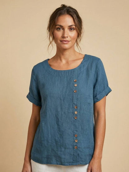 Rosalie | Women Linen Round Neck Blouse with Button Detail