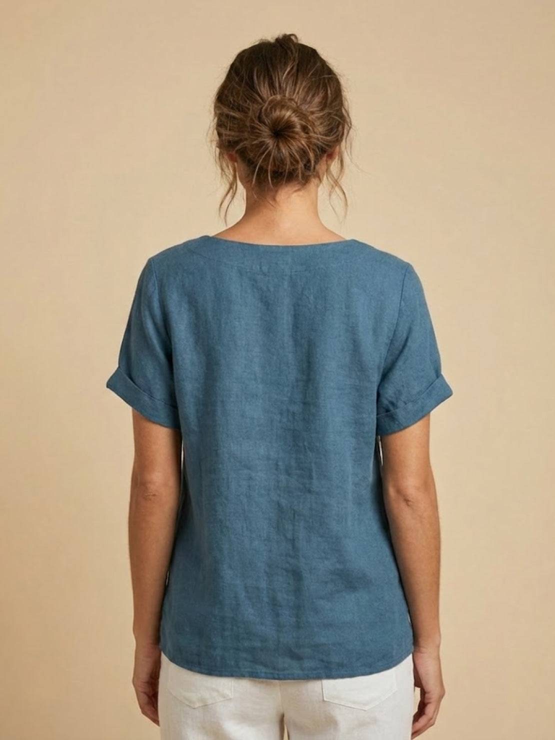 Rosalie | Women Linen Round Neck Blouse with Button Detail