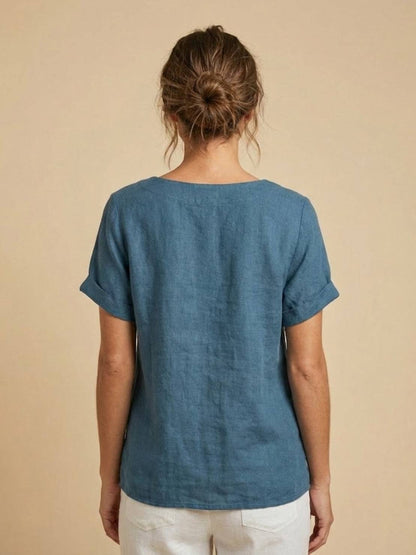 Rosalie | Women Linen Round Neck Blouse with Button Detail