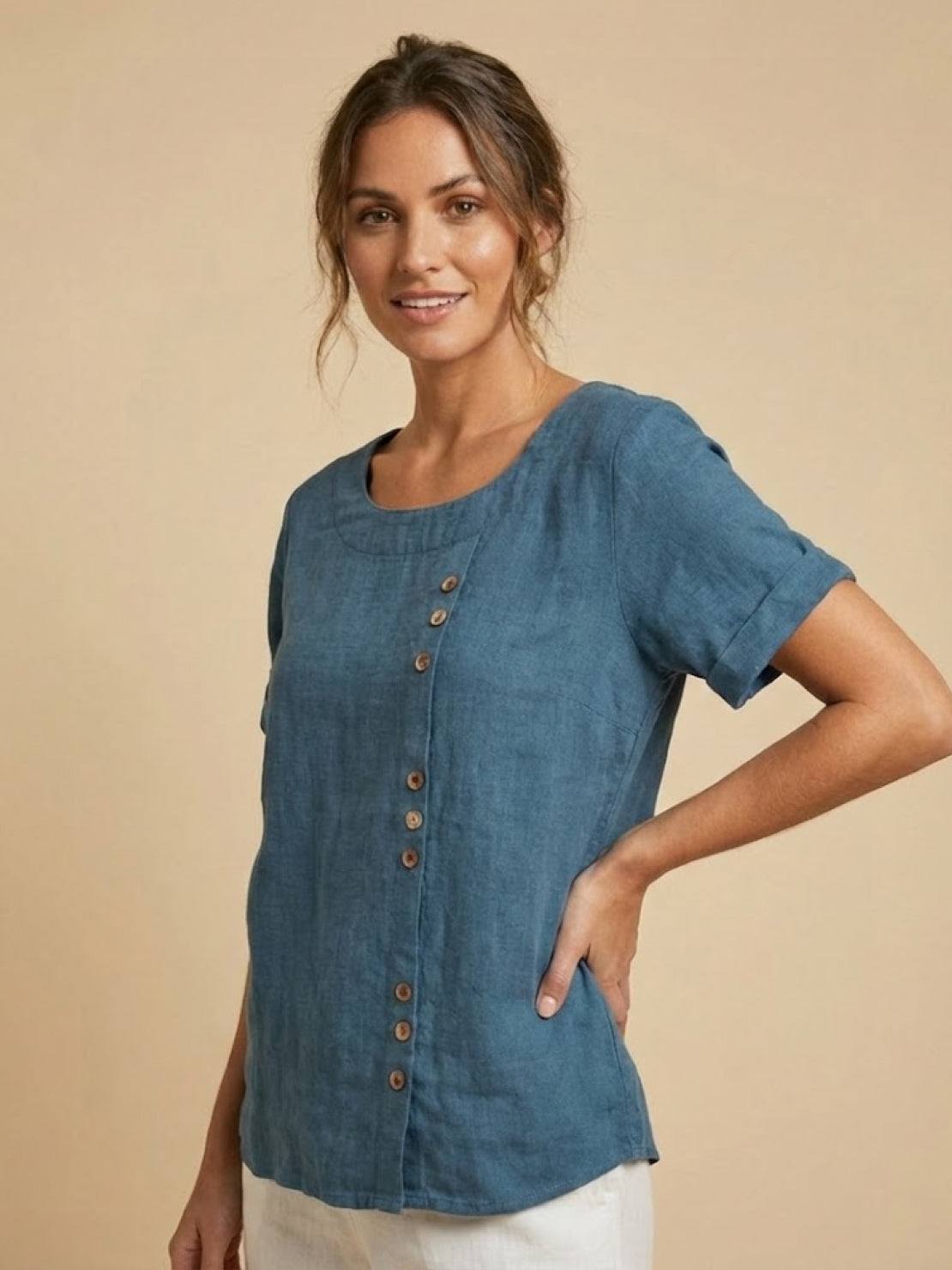 Rosalie | Women Linen Round Neck Blouse with Button Detail