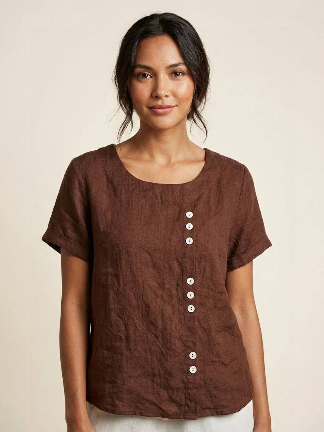 Rosalie | Women Linen Round Neck Blouse with Button Detail