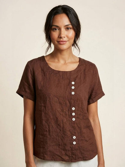 Rosalie | Women Linen Round Neck Blouse with Button Detail
