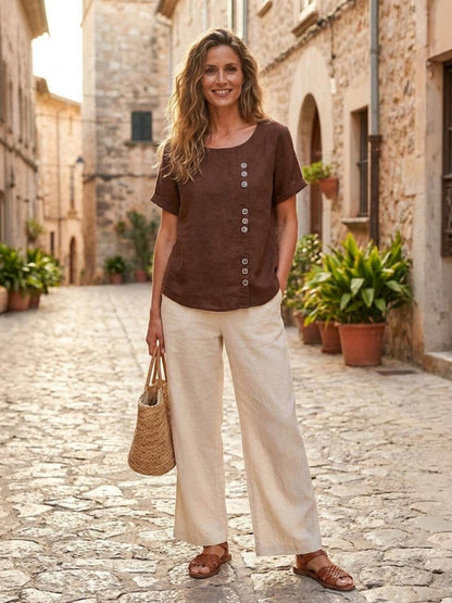 Rosalie | Women Linen Round Neck Blouse with Button Detail