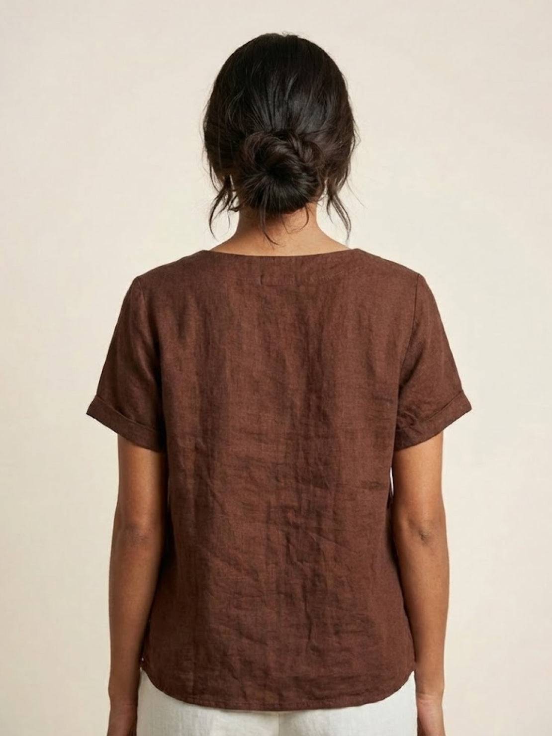 Rosalie | Women Linen Round Neck Blouse with Button Detail