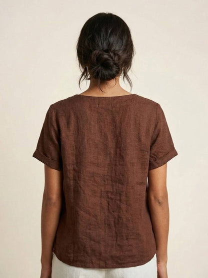 Rosalie | Women Linen Round Neck Blouse with Button Detail
