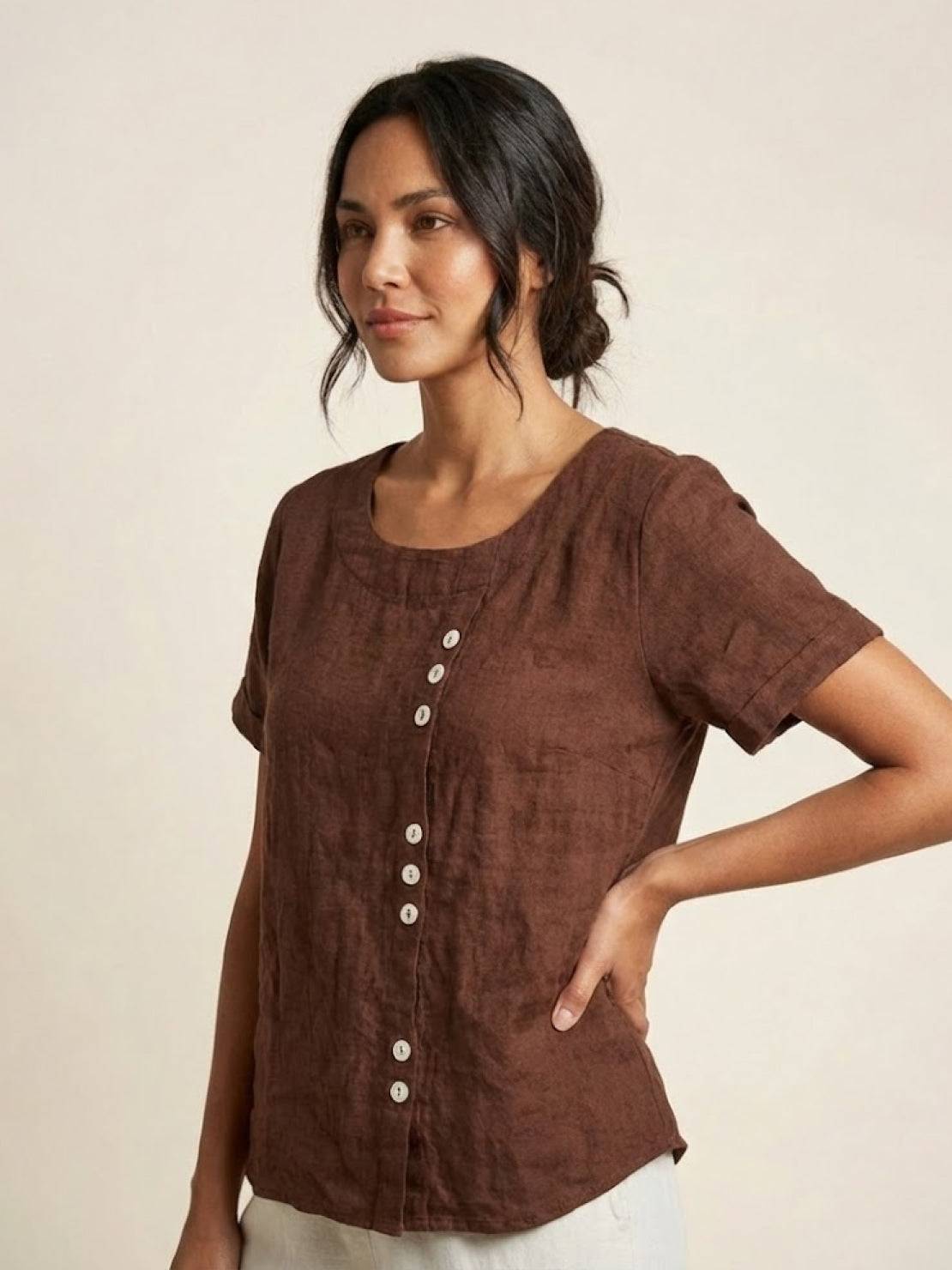 Rosalie | Women Linen Round Neck Blouse with Button Detail
