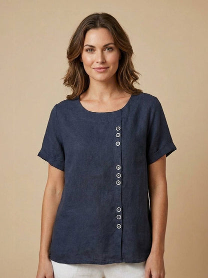 Rosalie | Women Linen Round Neck Blouse with Button Detail