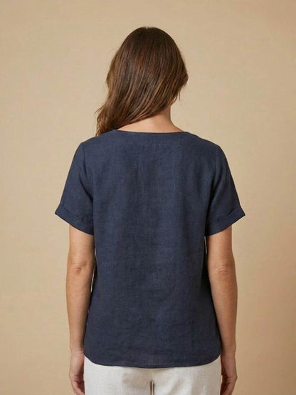 Rosalie | Women Linen Round Neck Blouse with Button Detail