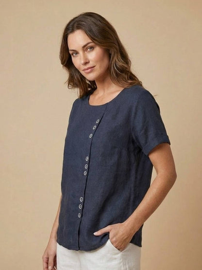 Rosalie | Women Linen Round Neck Blouse with Button Detail