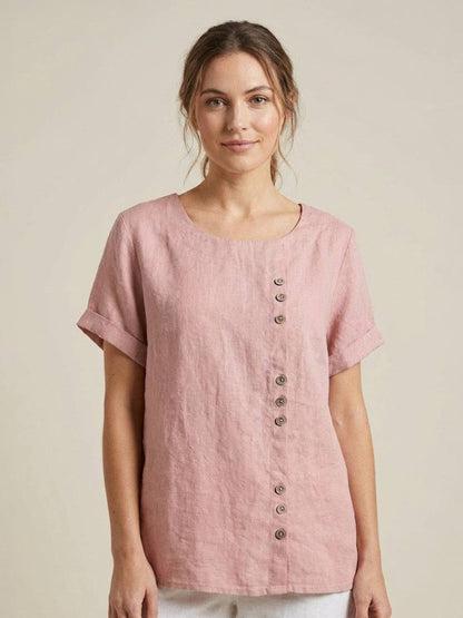 Rosalie | Women Linen Round Neck Blouse with Button Detail