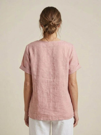 Rosalie | Women Linen Round Neck Blouse with Button Detail