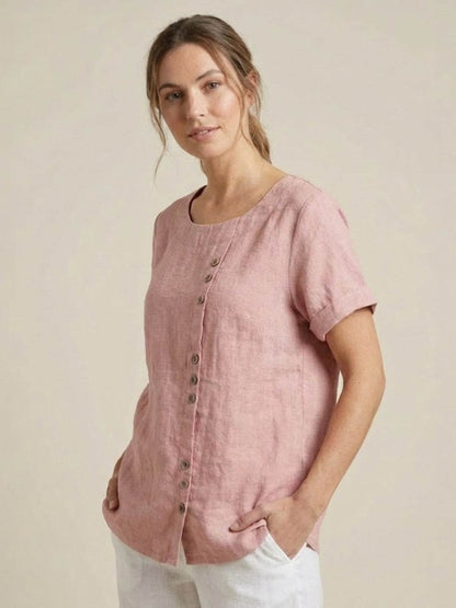Rosalie | Women Linen Round Neck Blouse with Button Detail