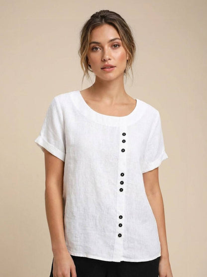 Rosalie | Women Linen Round Neck Blouse with Button Detail