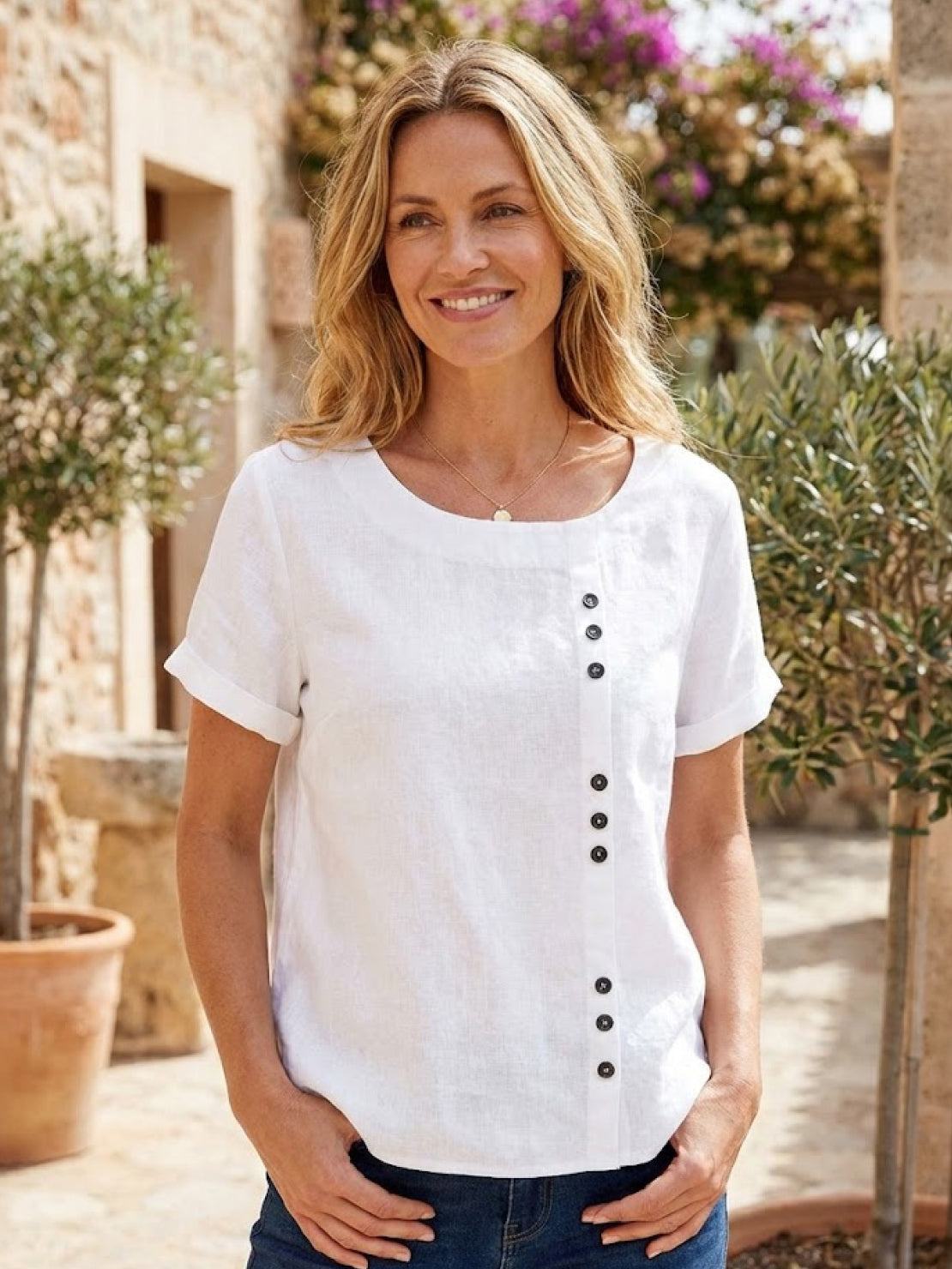 Rosalie | Women Linen Round Neck Blouse with Button Detail