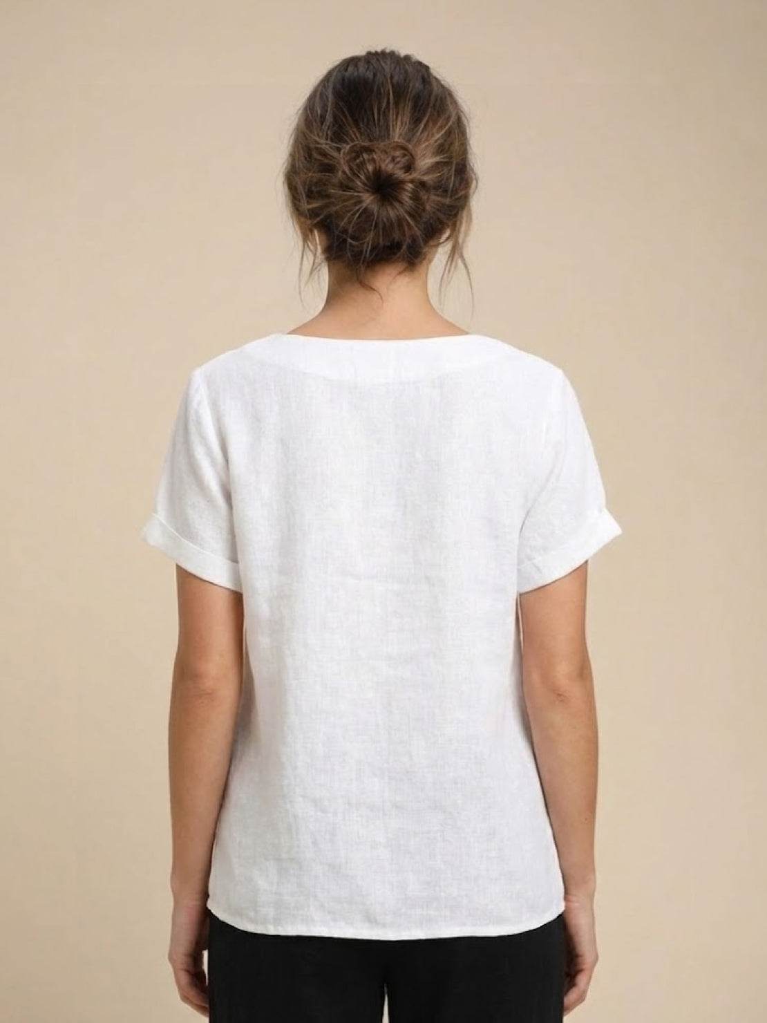 Rosalie | Women Linen Round Neck Blouse with Button Detail