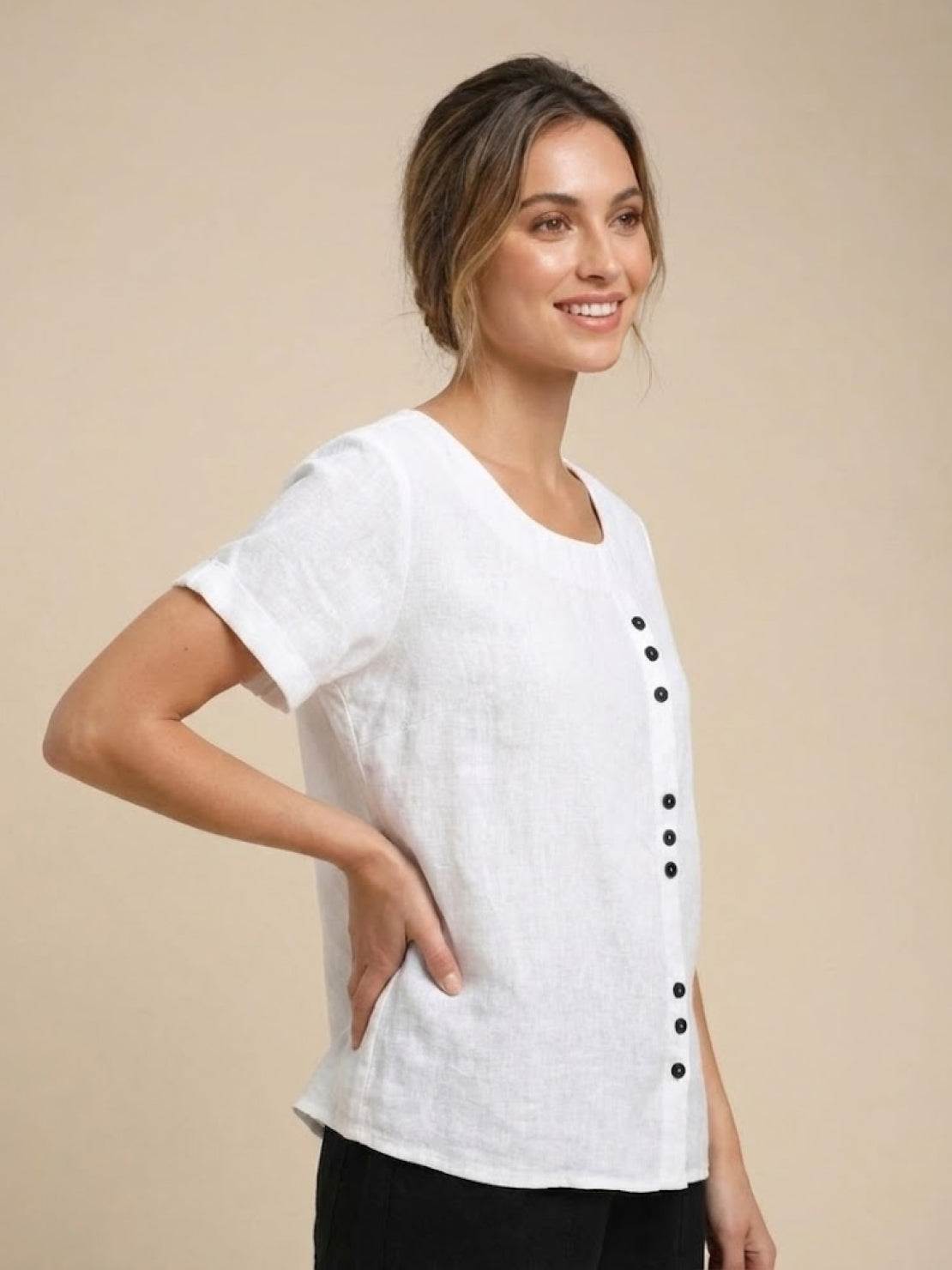 Rosalie | Women Linen Round Neck Blouse with Button Detail