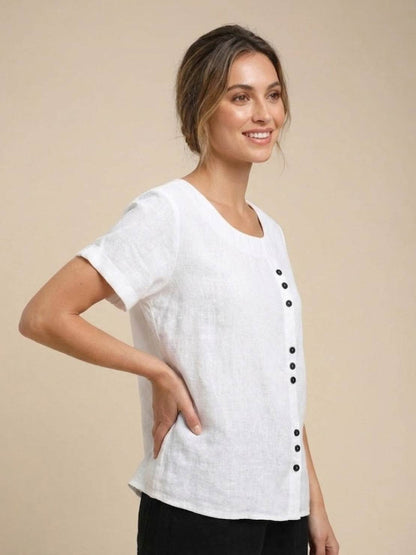 Rosalie | Women Linen Round Neck Blouse with Button Detail