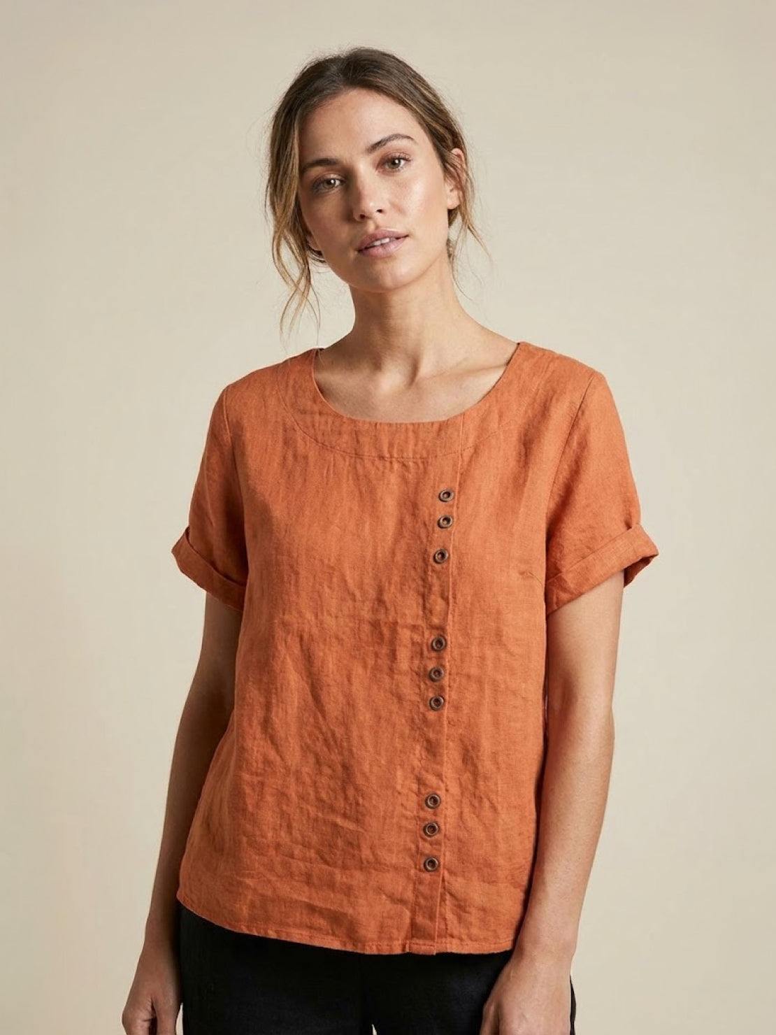 Rosalie | Women Linen Round Neck Blouse with Button Detail