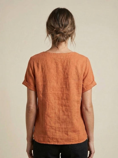 Rosalie | Women Linen Round Neck Blouse with Button Detail
