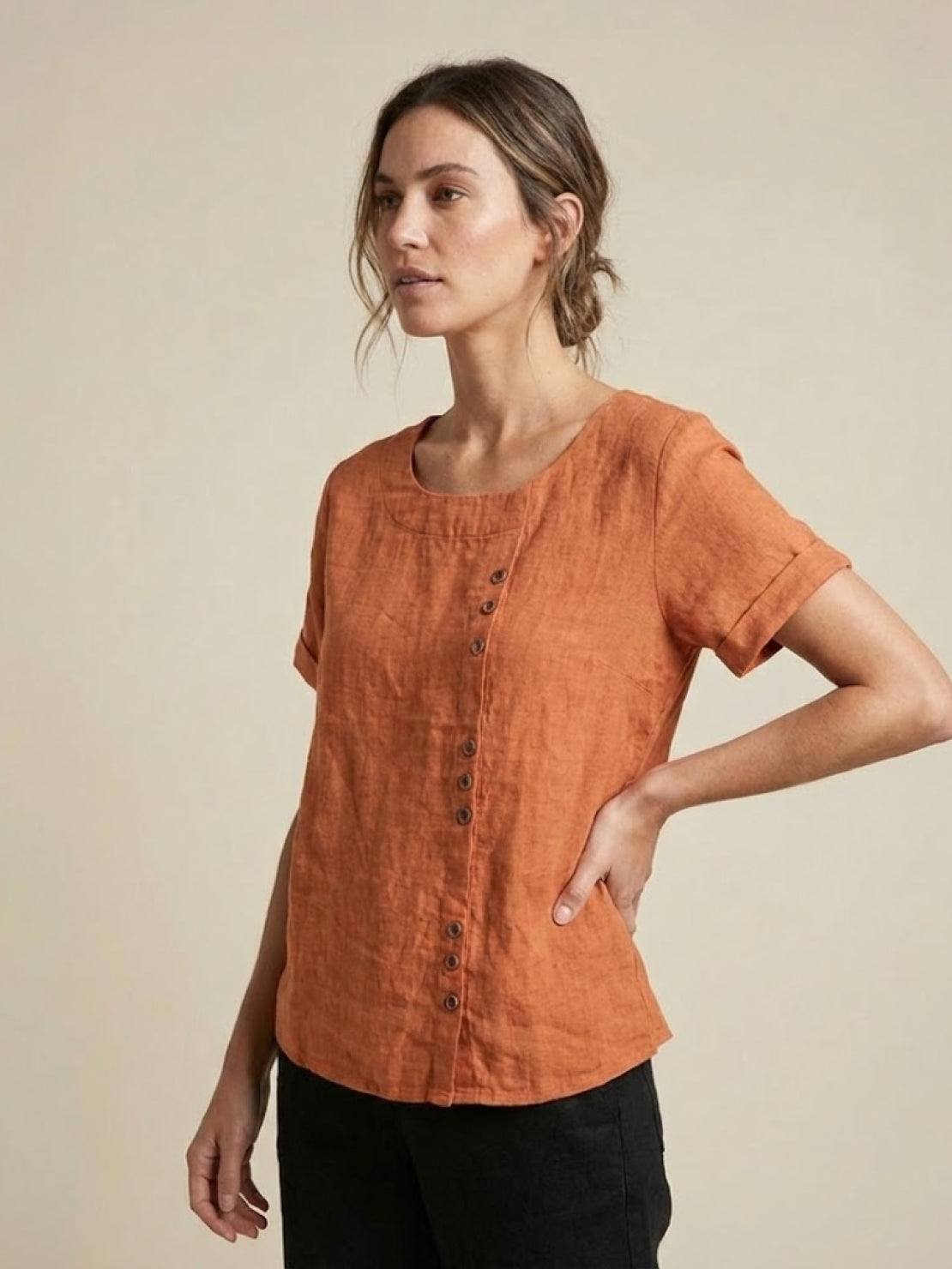 Rosalie | Women Linen Round Neck Blouse with Button Detail
