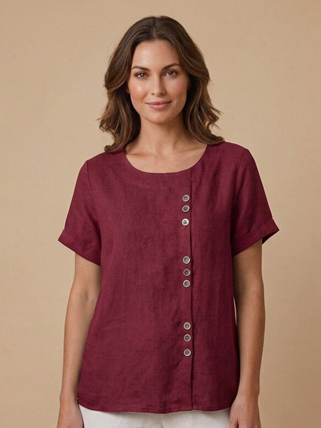 Rosalie | Women Linen Round Neck Blouse with Button Detail