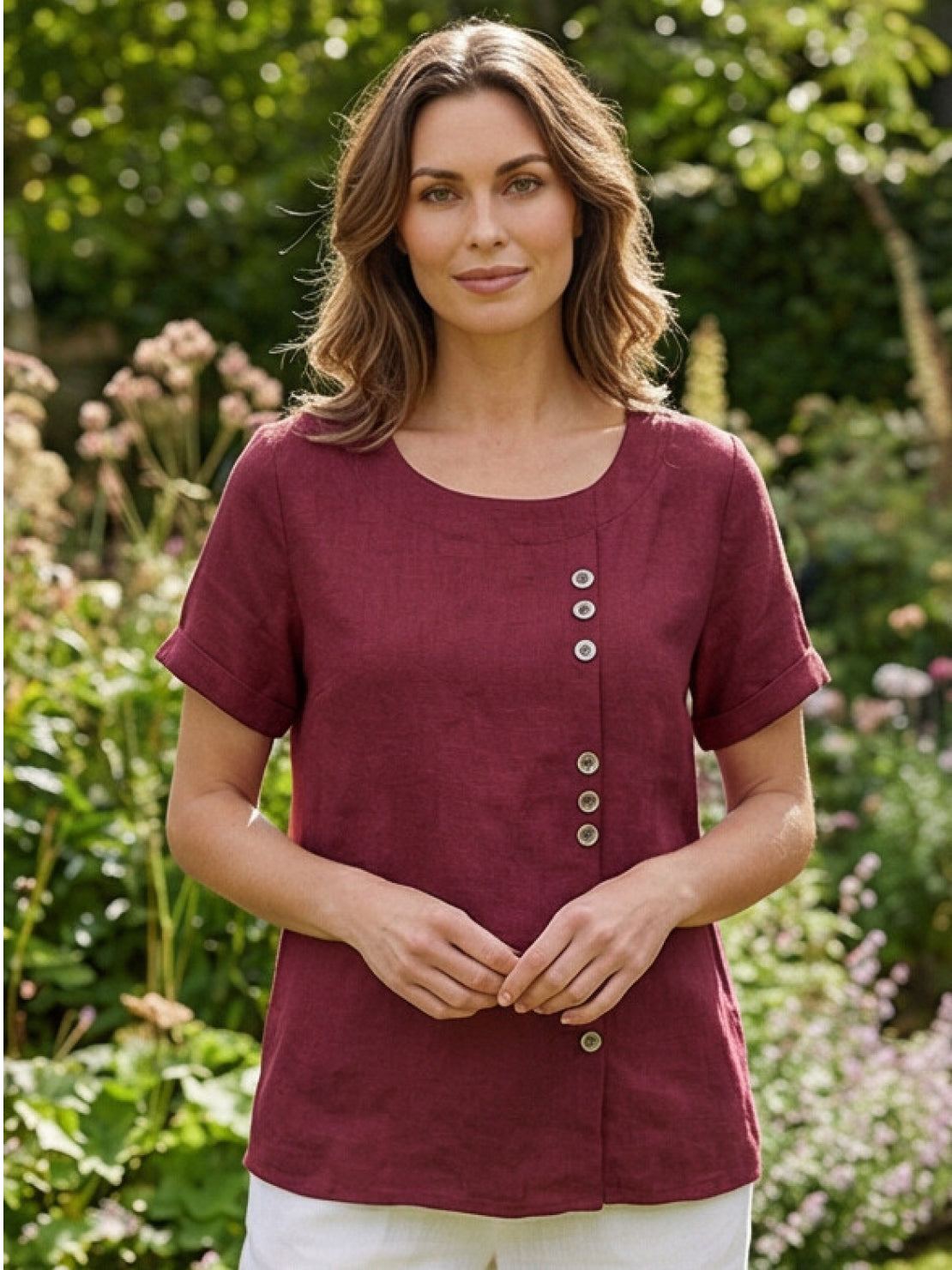 Rosalie | Women Linen Round Neck Blouse with Button Detail
