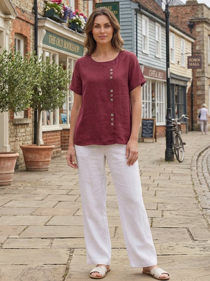 Rosalie | Women Linen Round Neck Blouse with Button Detail