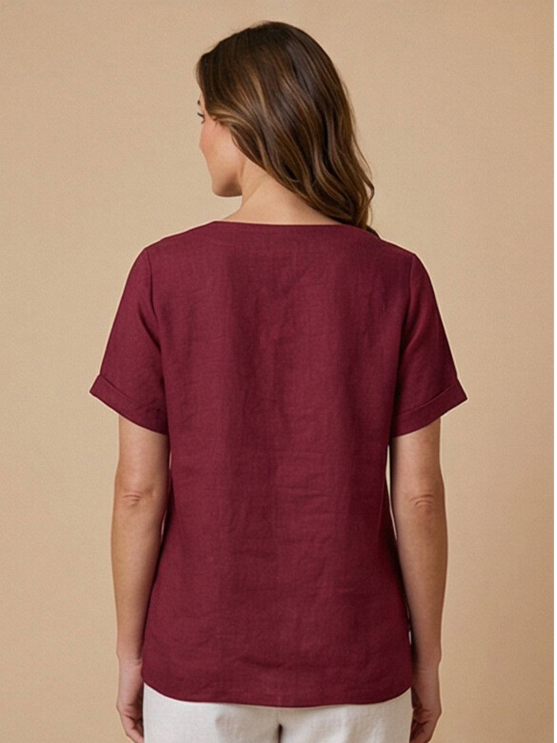 Rosalie | Women Linen Round Neck Blouse with Button Detail