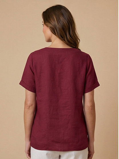 Rosalie | Women Linen Round Neck Blouse with Button Detail