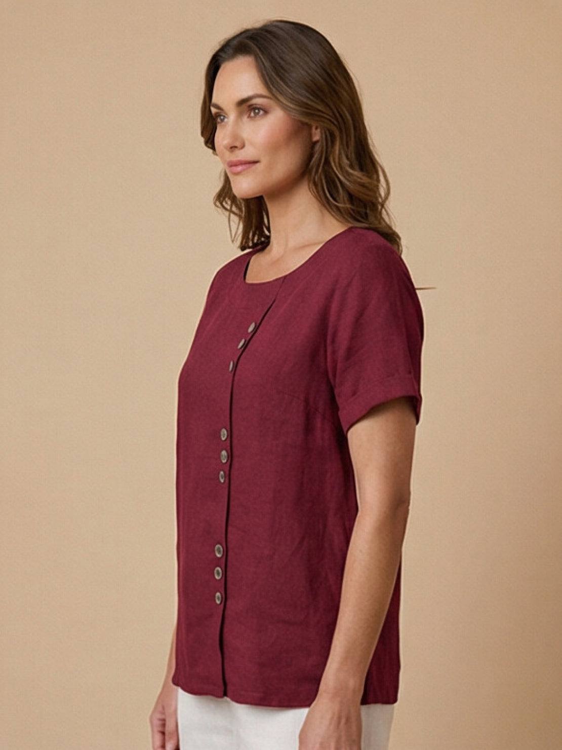 Rosalie | Women Linen Round Neck Blouse with Button Detail