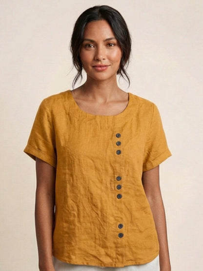 Rosalie | Women Linen Round Neck Blouse with Button Detail