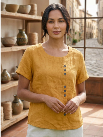 Rosalie | Women Linen Round Neck Blouse with Button Detail