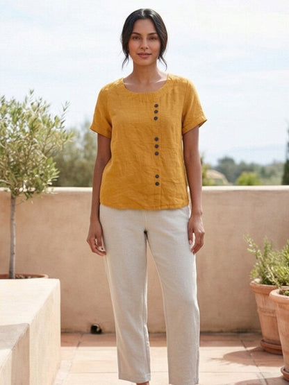 Rosalie | Women Linen Round Neck Blouse with Button Detail