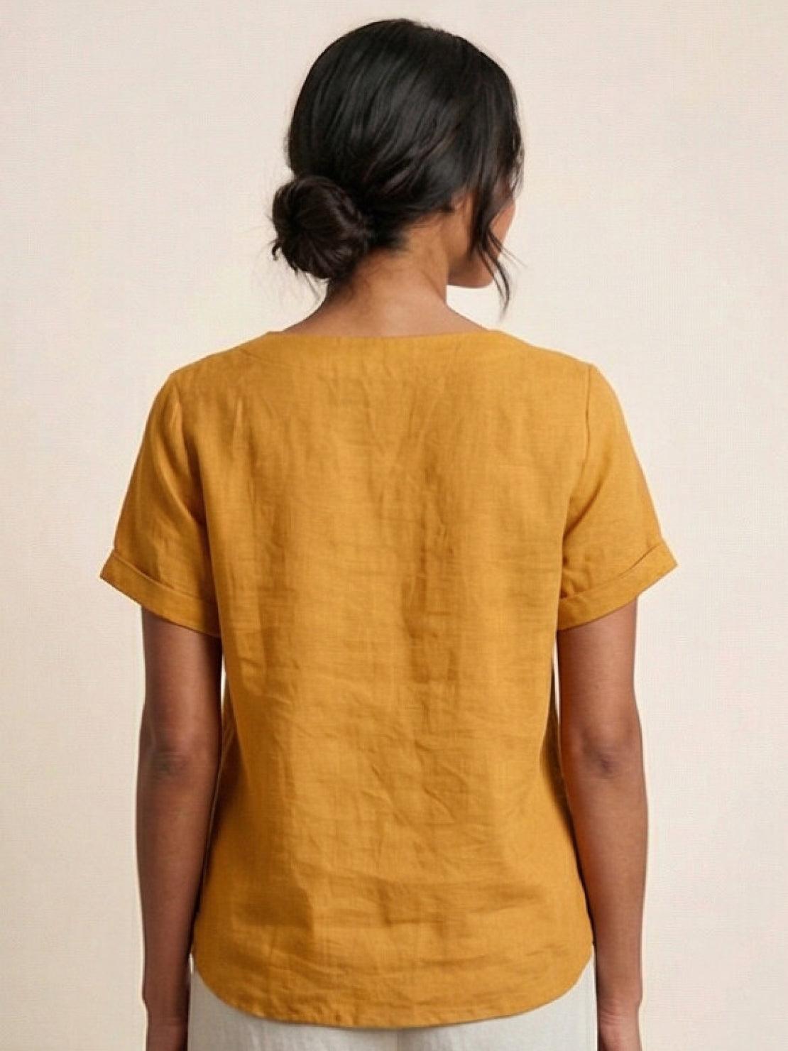 Rosalie | Women Linen Round Neck Blouse with Button Detail