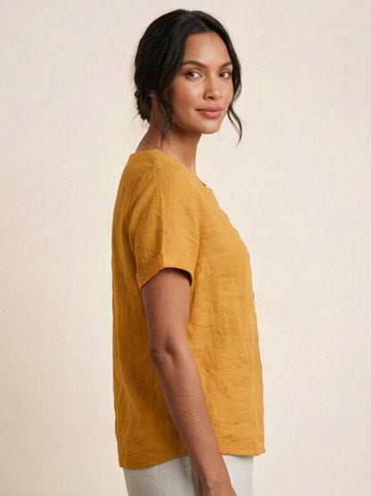 Rosalie | Women Linen Round Neck Blouse with Button Detail