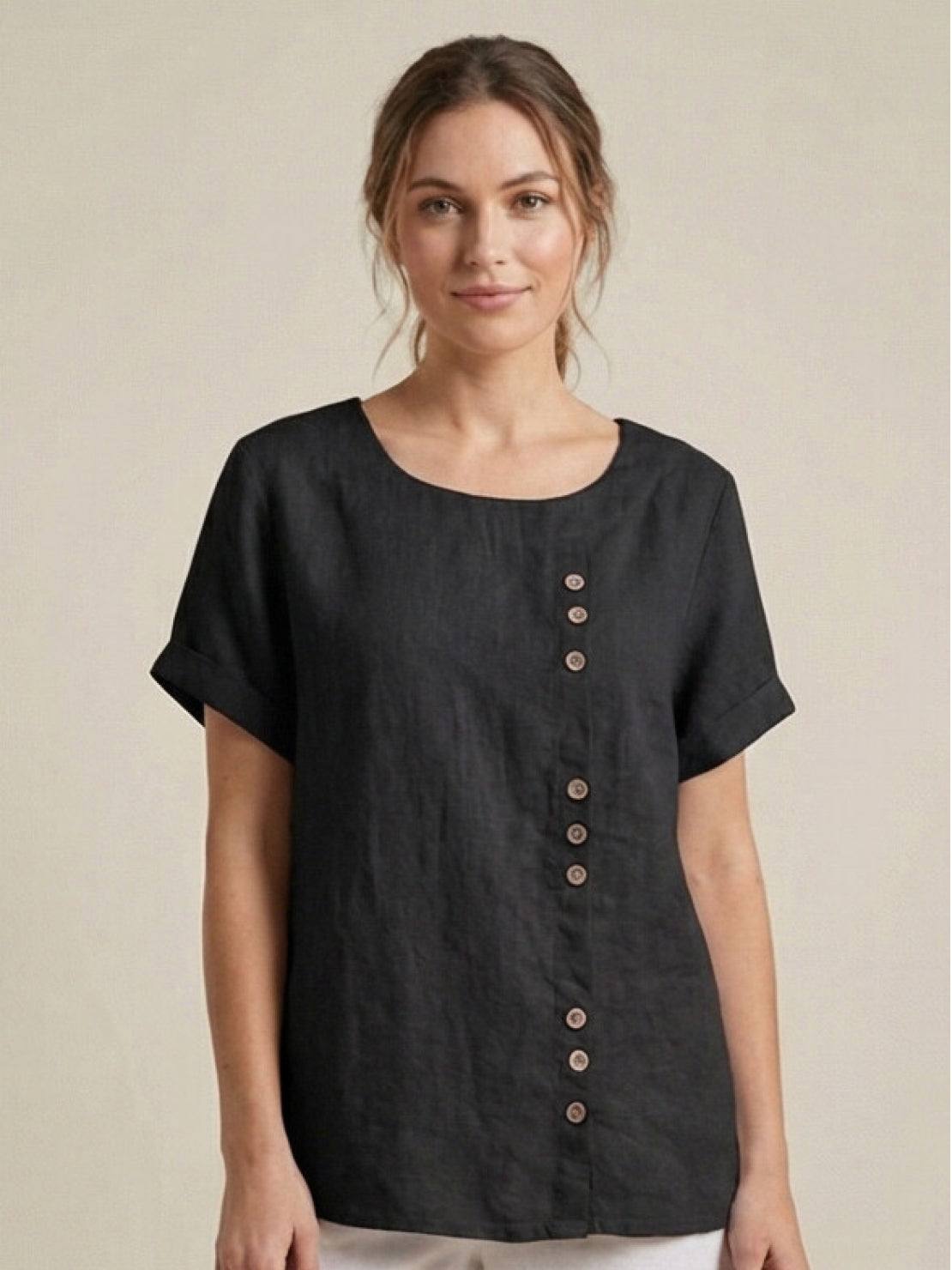 Rosalie | Women Linen Round Neck Blouse with Button Detail