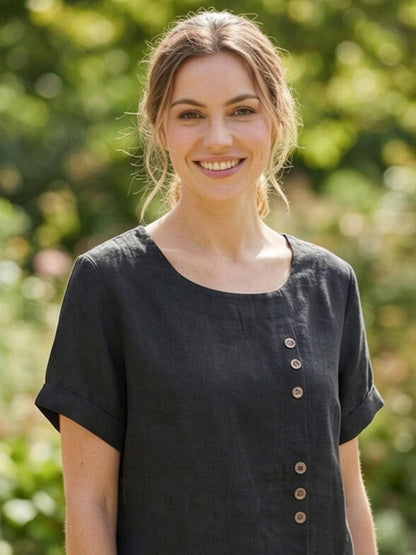 Rosalie | Women Linen Round Neck Blouse with Button Detail