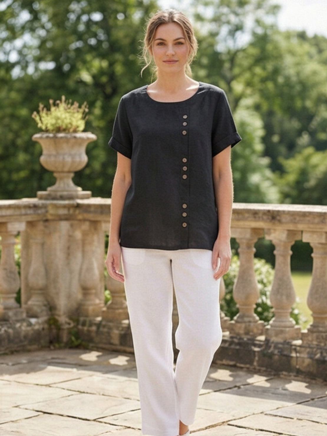 Rosalie | Women Linen Round Neck Blouse with Button Detail