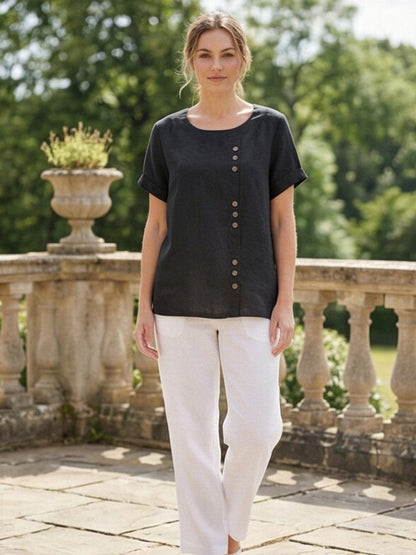Rosalie | Women Linen Round Neck Blouse with Button Detail
