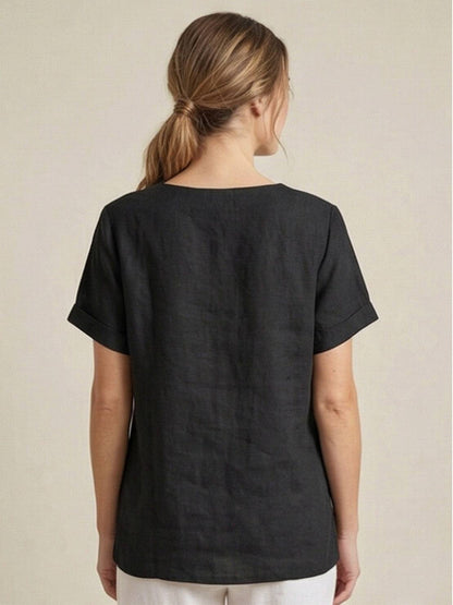 Rosalie | Women Linen Round Neck Blouse with Button Detail