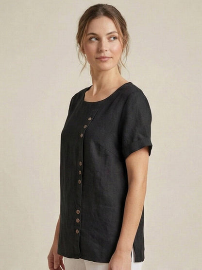 Rosalie | Women Linen Round Neck Blouse with Button Detail