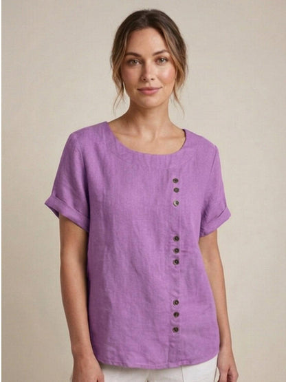 Rosalie | Women Linen Round Neck Blouse with Button Detail