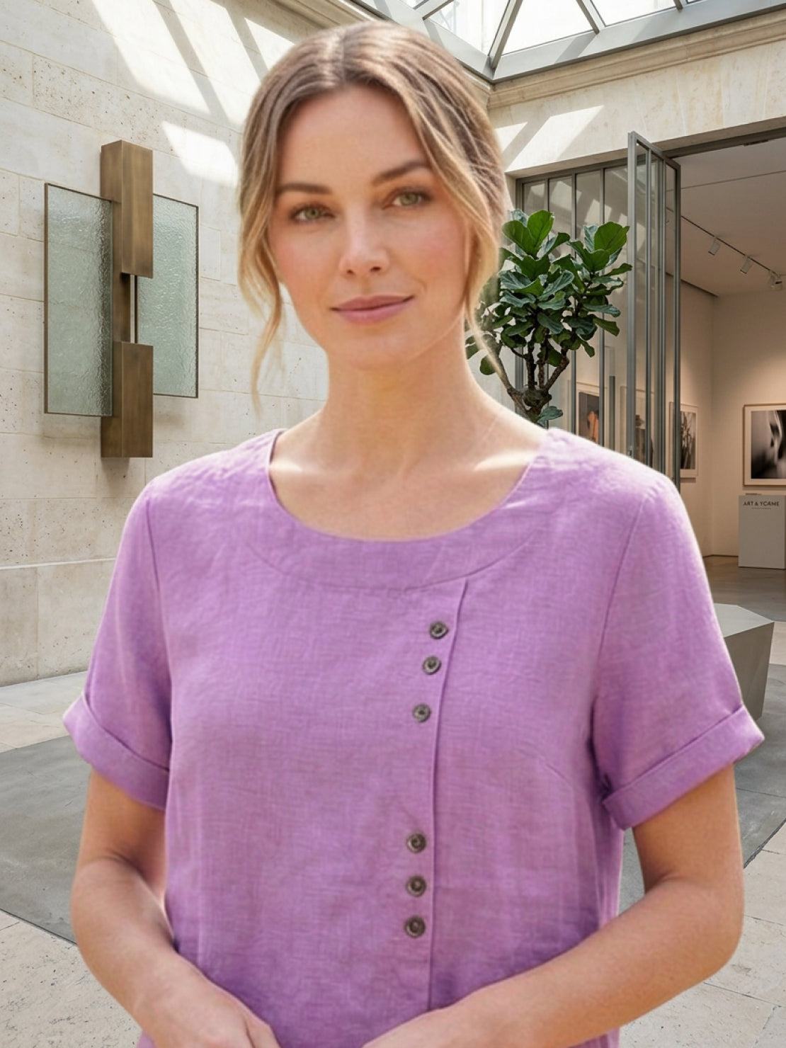 Rosalie | Women Linen Round Neck Blouse with Button Detail