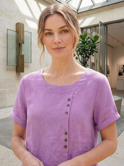 Rosalie | Women Linen Round Neck Blouse with Button Detail