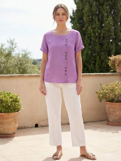 Rosalie | Women Linen Round Neck Blouse with Button Detail