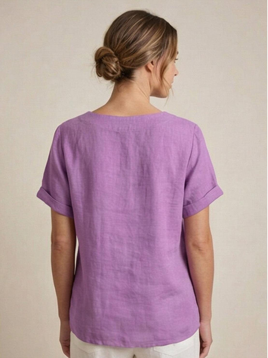 Rosalie | Women Linen Round Neck Blouse with Button Detail